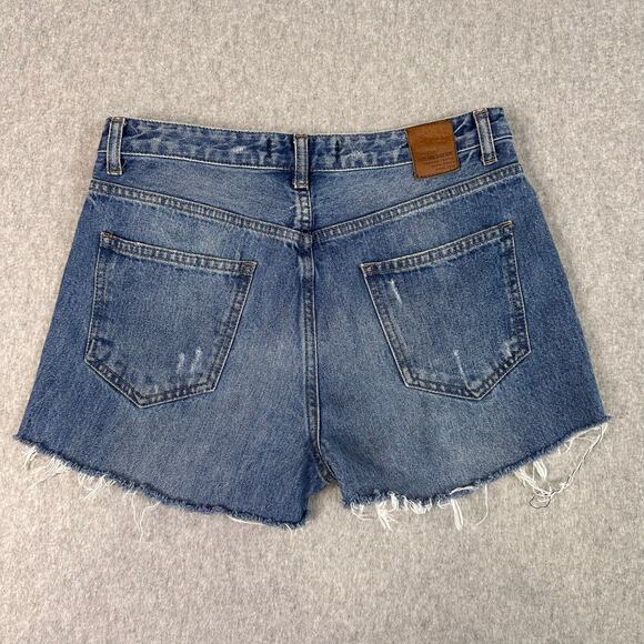 Zara Basic Z1975 Denim Shorts Blue Womens Size 0 Raw Hem Distressed High Waist - Picture 2 of 4